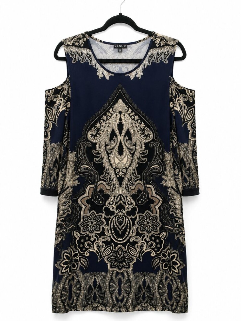 VENUS Women’s XL Paisley Cold Shoulder Dress Navy Beige 3/4 Sleeve Stretch